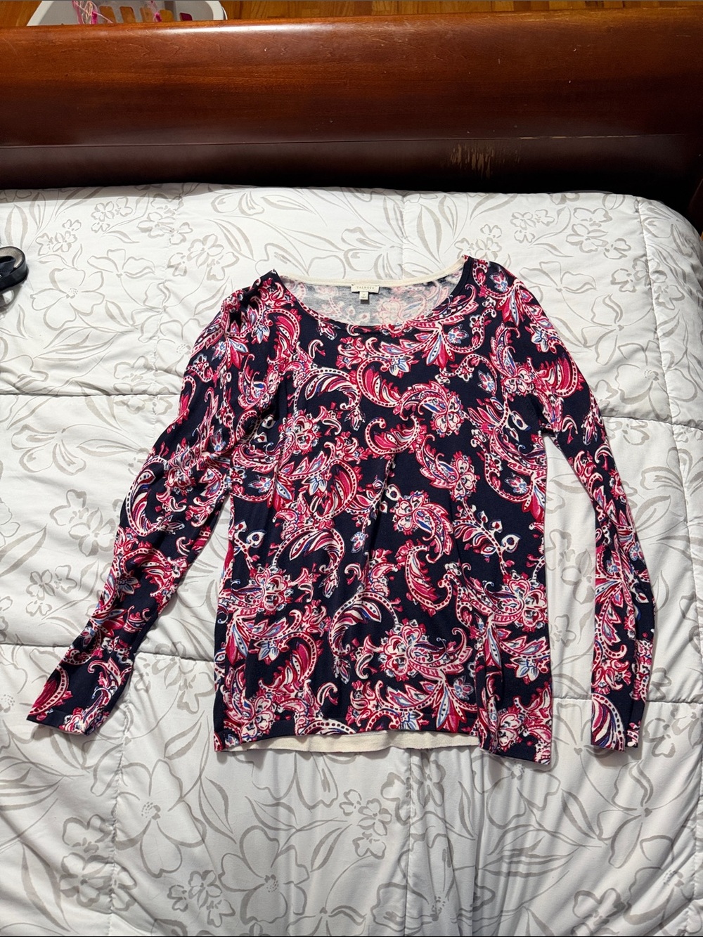 Talbots Navy Long-Sleeve Paisley Tee with Pink & White Accents